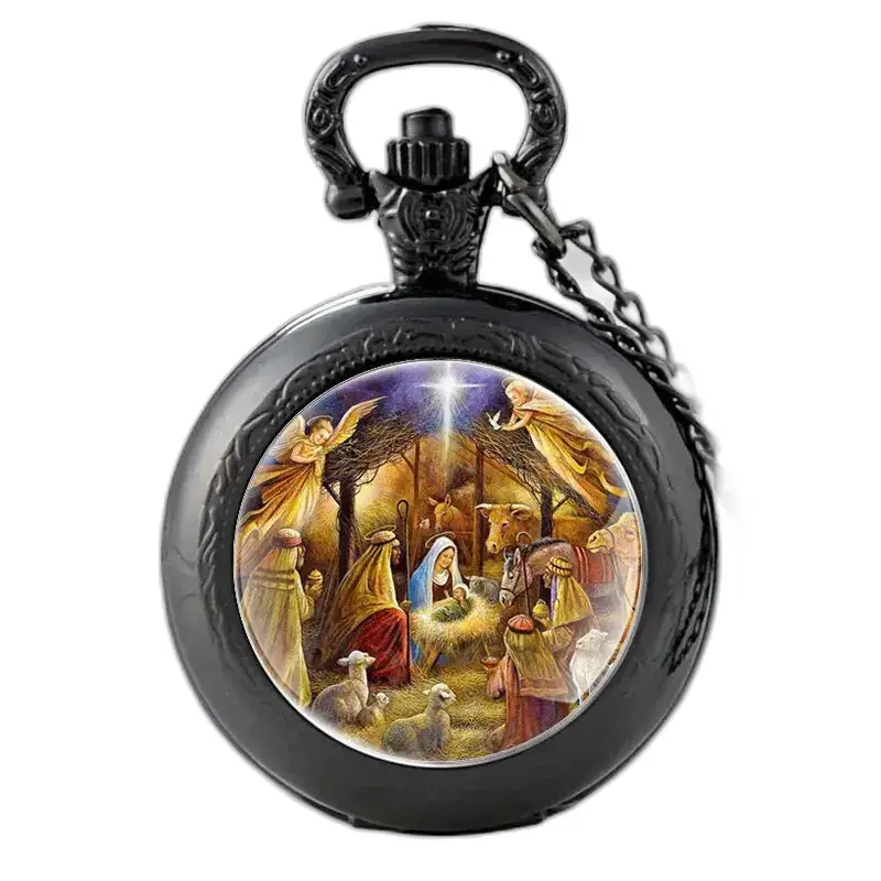 Geboorte van Jezus Vintage dameskettinghorloge met zwart zakhorloge en kerststal