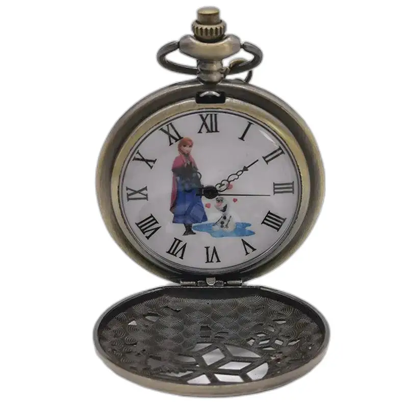 Vintage Olaf kettinghorloge in brons met Anna en Olaf, sprookjesaccessoire