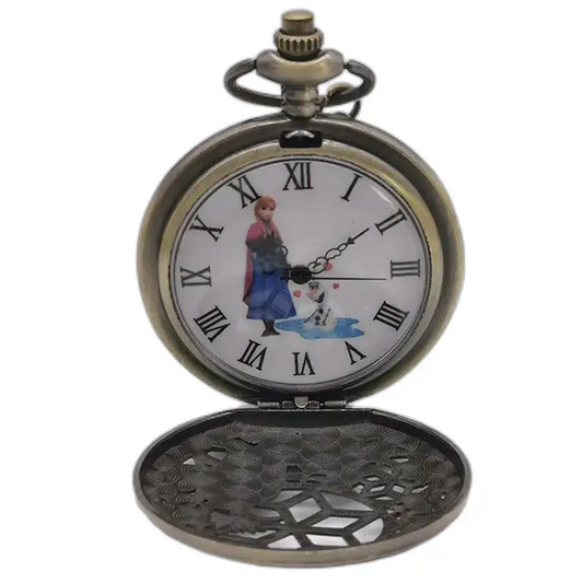 Vintage Olaf kettinghorloge in brons met Anna en Olaf, sprookjesaccessoire
