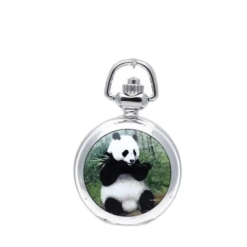 Vintage stijl panda kettinghorloge zilver met panda-thema-ontwerp op kettinghorloge
