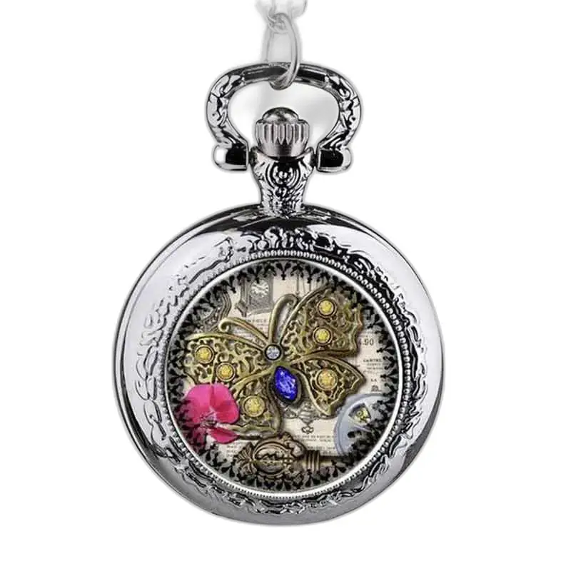 Vlinderkettinghorloge met edelstenen, zilveren hangerhorloge