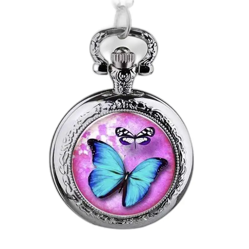 Roze en blauw vlinderkettinghorloge met zilveren vlindermotief