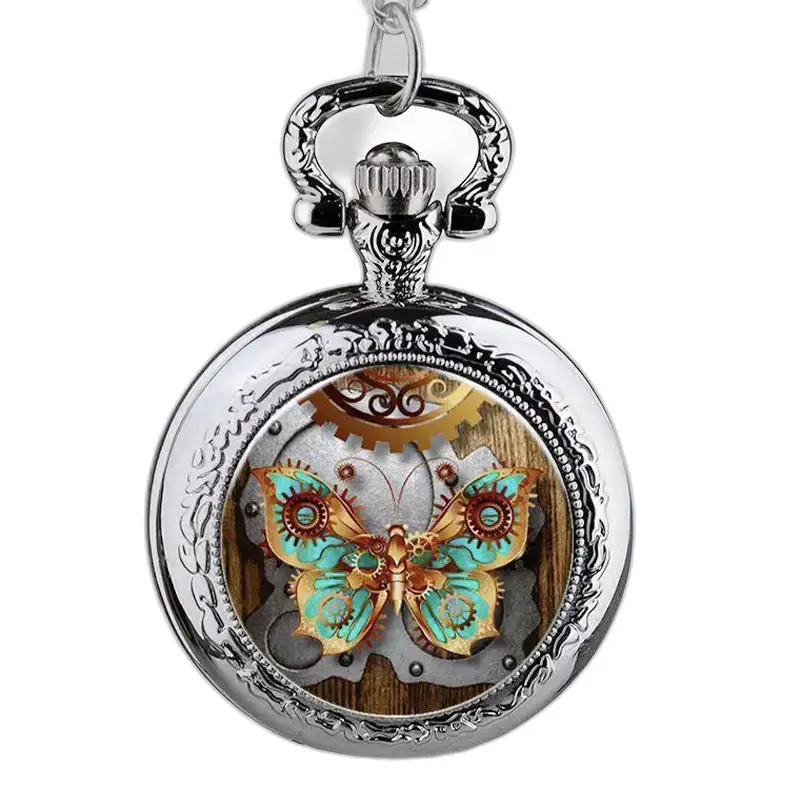 Roestvrijstalen vlinderkettinghorloge met steampunk vlinderontwerp