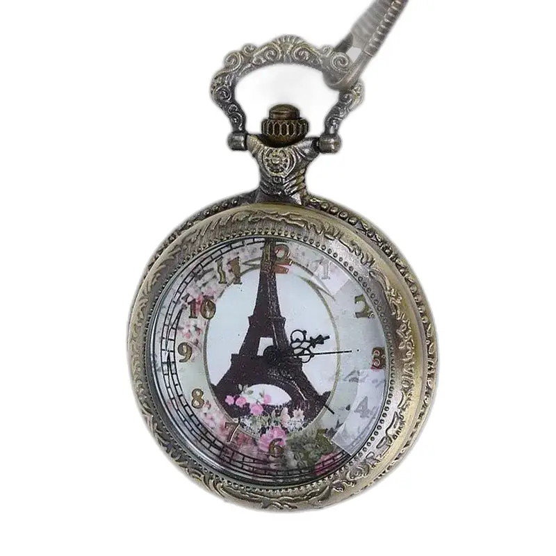 Paris kettinghorloge met bloemen op de analoge wijzerplaat en vintage Eiffeltorenhorloge