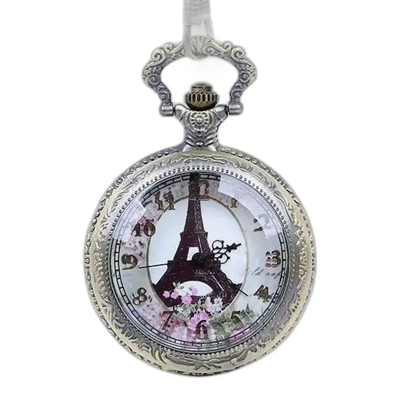 Paris kettinghorloge met analoge wijzerplaat, bloemen en Eiffeltoren als zakhorloge