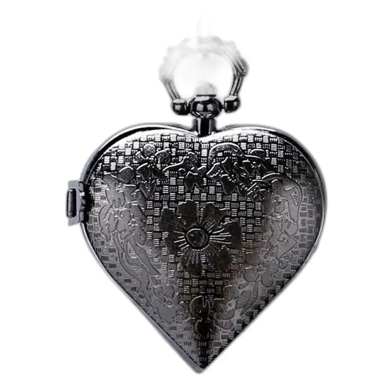 Zwart zilveren hart hanger kettinghorloge, bloemen gegraveerd metalen kettinghorloge