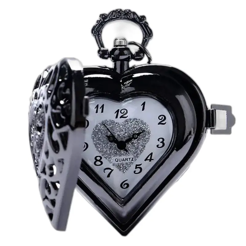 Zwart zilver hart hanger kettinghorloge met hartvormig kettinghorloge