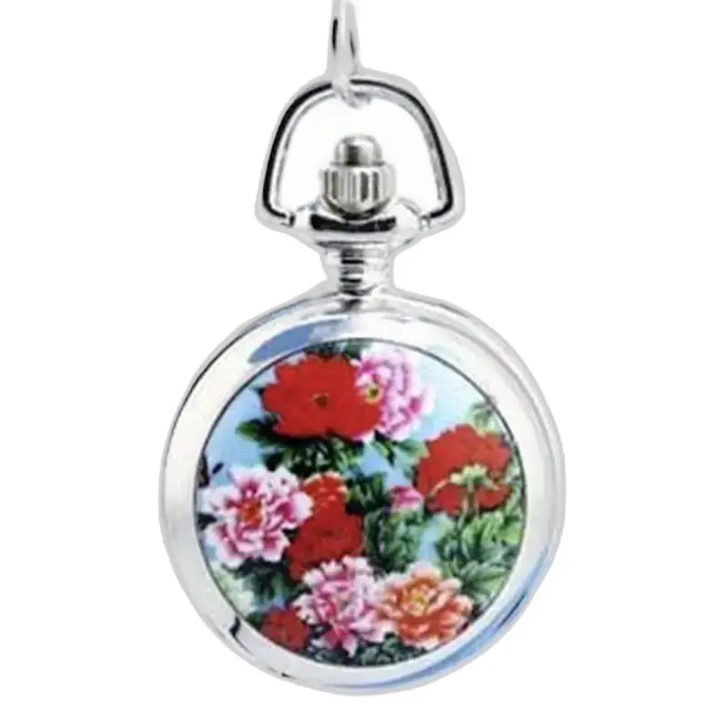 Horloge met ketting van roestvrij staal en kleurrijk bloemenpatroon