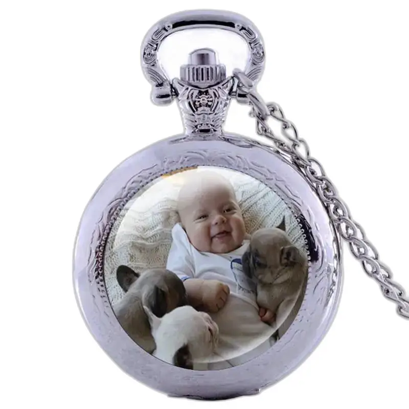 Elegant, aanpasbaar kettinghorloge met baby en puppy's in zilver