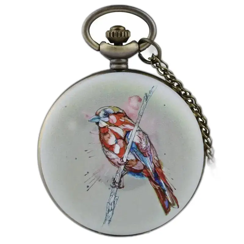 Vintage bronzen kettinghorloge met veren en een elegant vogelontwerp
