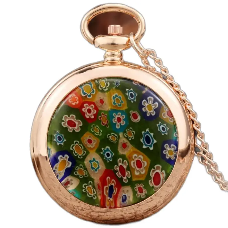 Modern dameshorloge met rozenkwartsketting en kettinghorloge van goud en bloemenglas