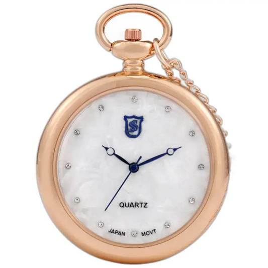 Modern dameshorloge met rozenkwartsketting en elegant roségouden horloge