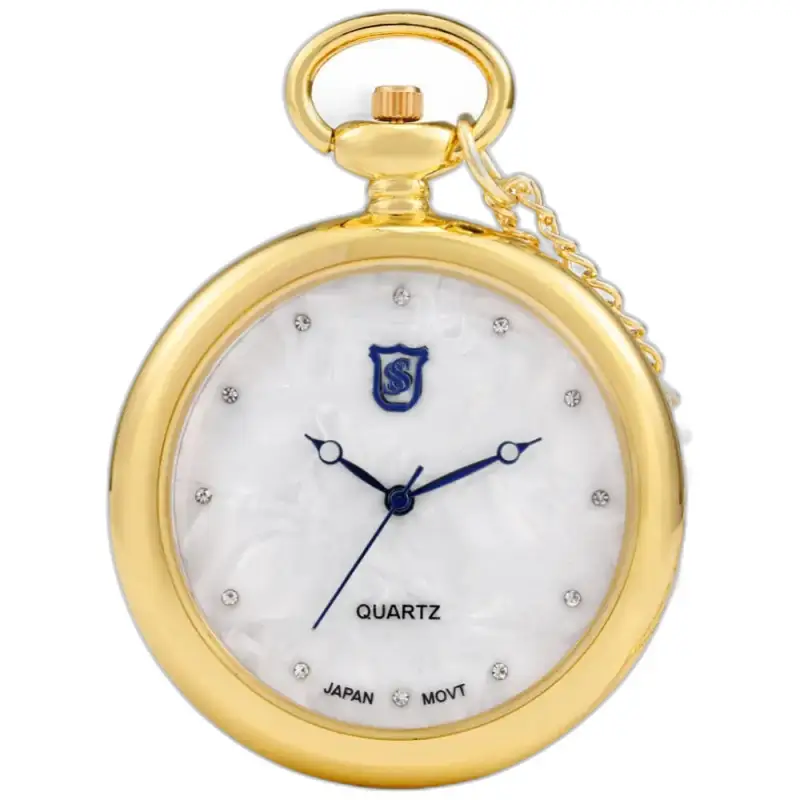 Modern dameshorloge met rozenkwartsketting en gouden kettinghorloge met witte wijzerplaat
