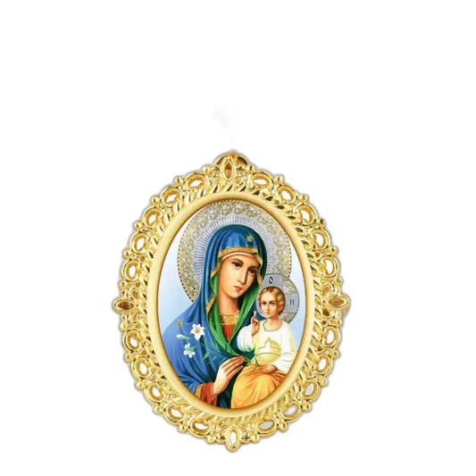 Ovaal icoon van Maria en Jezus op een vintage Marie Quartz-kettinghorloge voor dames