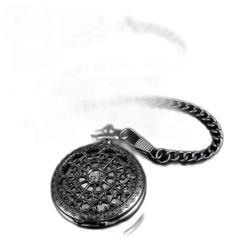 Steampunk zwart quartz dameskettinghorloge met ketting en sierlijk metalen ontwerp