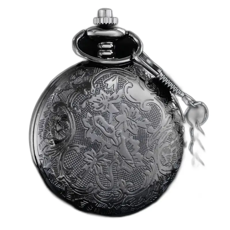Steampunk dameshorloge van zwart kwarts met sierlijk zilveren zakhorloge