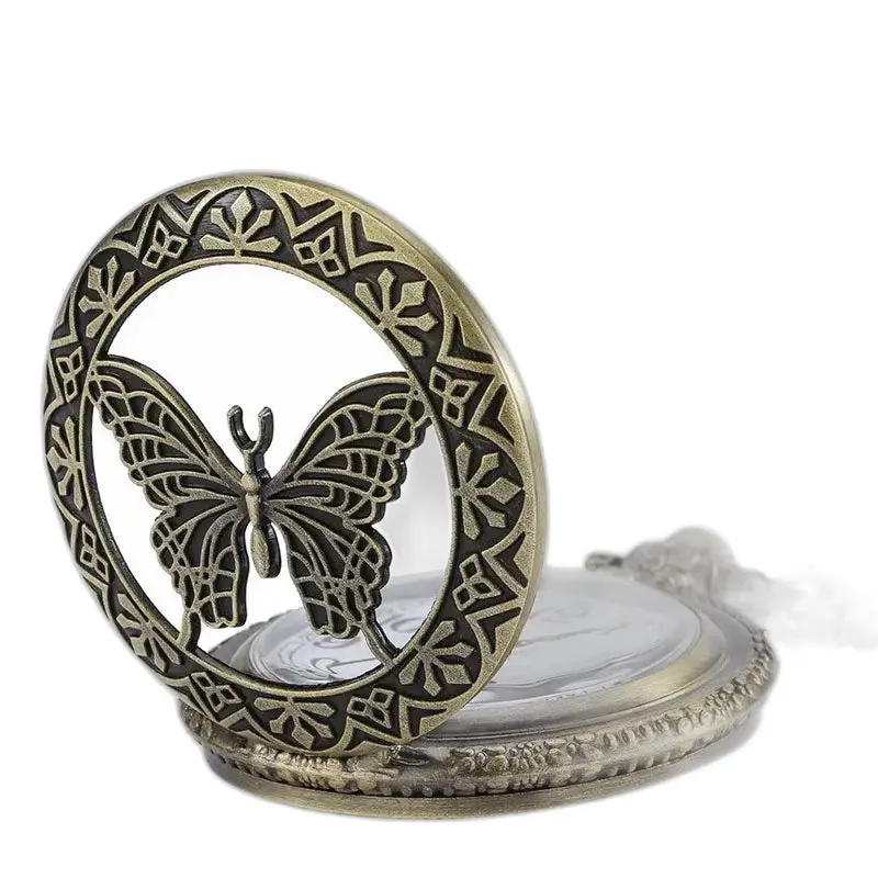 Vintage dameshorloge met vlinderkwartsketting, bronzen wijzerplaat en vlindermotief