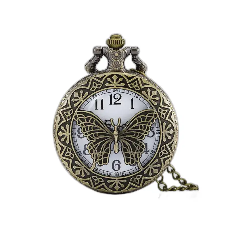 Dames vintage vlinderkwarts kettinghorloge met elegant vlinderpatroon