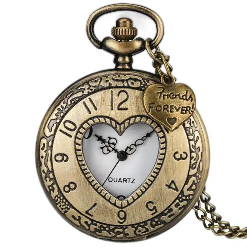 Retro bronzen hartkwarts kettinghorloge met hartvormige slinger