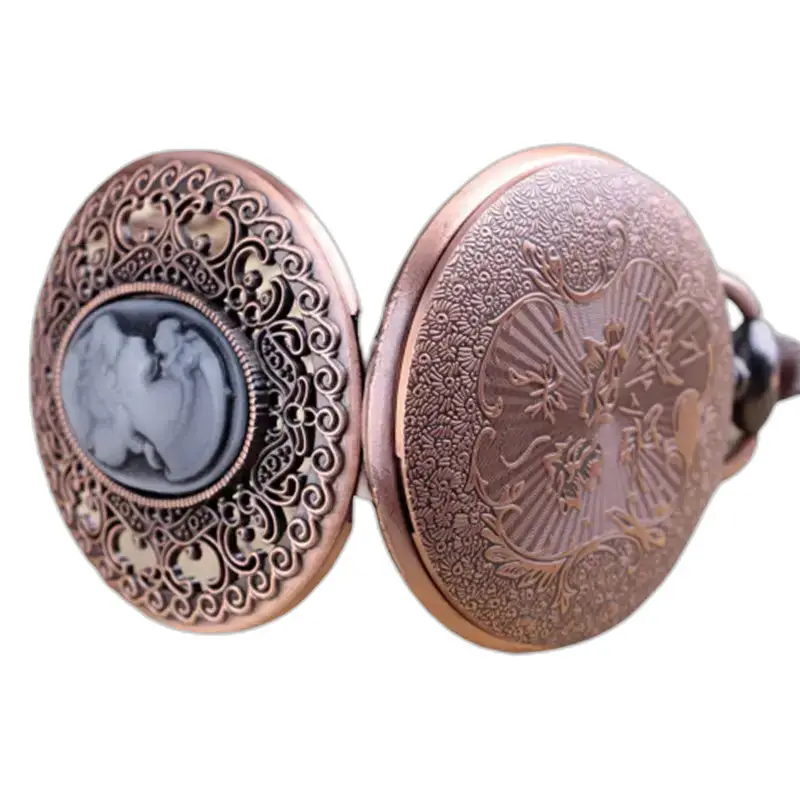 Sierlijke bronzen medaillon op vintage quartz ketting horloge dameshorloge ketting