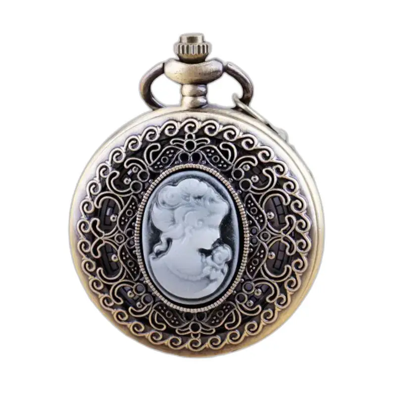 Vintage bronzen dames quartz kettinghorloge met cameopatroon kettinghorloge