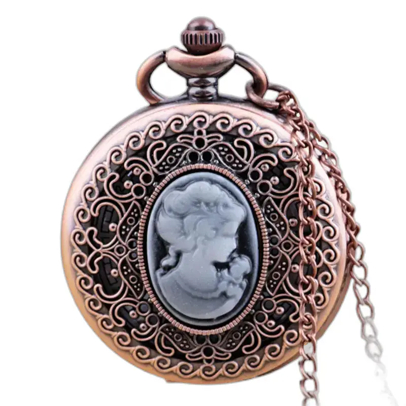 Vintage bronzen dames quartz kettinghorloge met cameo versierd kettinghorloge