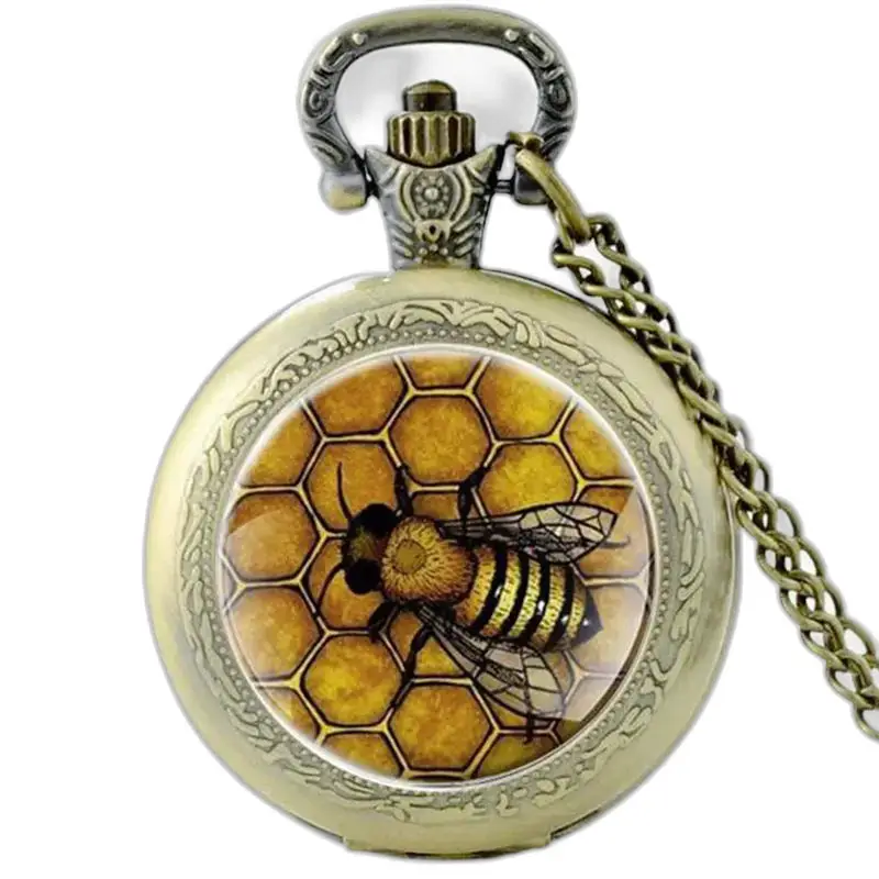 Vintage Queen Bee kettinghorloge in brons met bijen- en honingraatontwerp