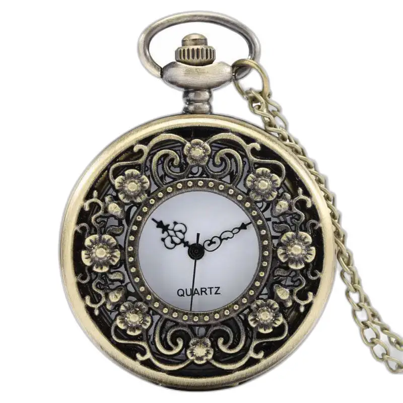 Retro vintage bloem sierlijke bronzen kettinghorloge met elegante ketting