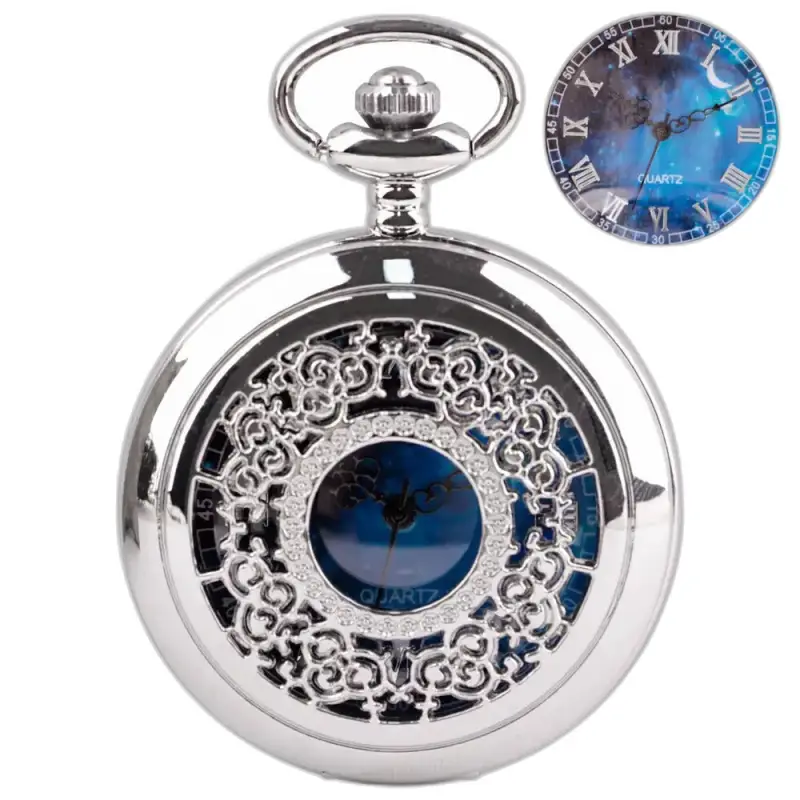 Romantisch koningsblauw zilver dames kettinghorloge met sierlijk zilveren zakhorloge