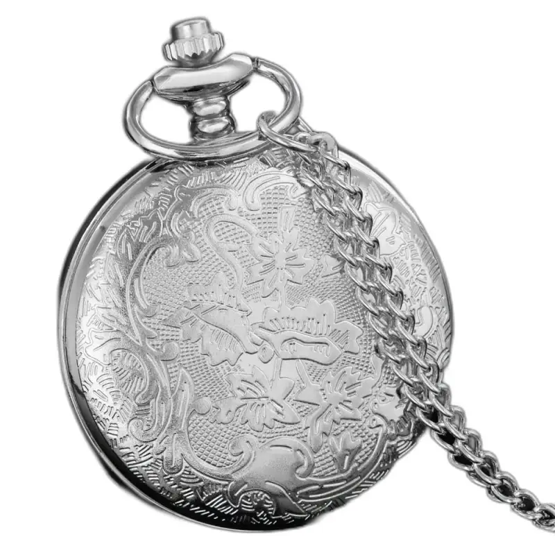 Romantisch koningsblauwzilveren dameskettinghorloge met zilveren ketting en bloemmotief