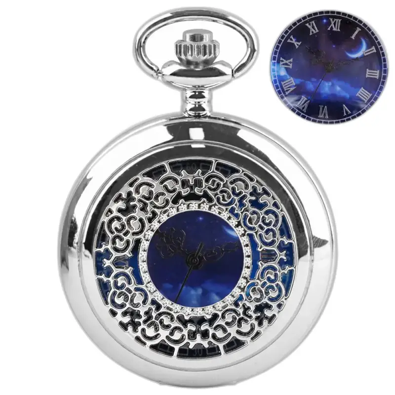 Romantisch koningsblauw zilver dames kettinghorloge met sierlijk zilveren zakhorloge