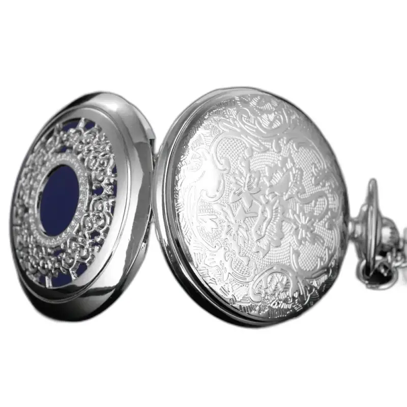 Romantisch koningsblauw kettinghorloge met bloemengravure in zilver