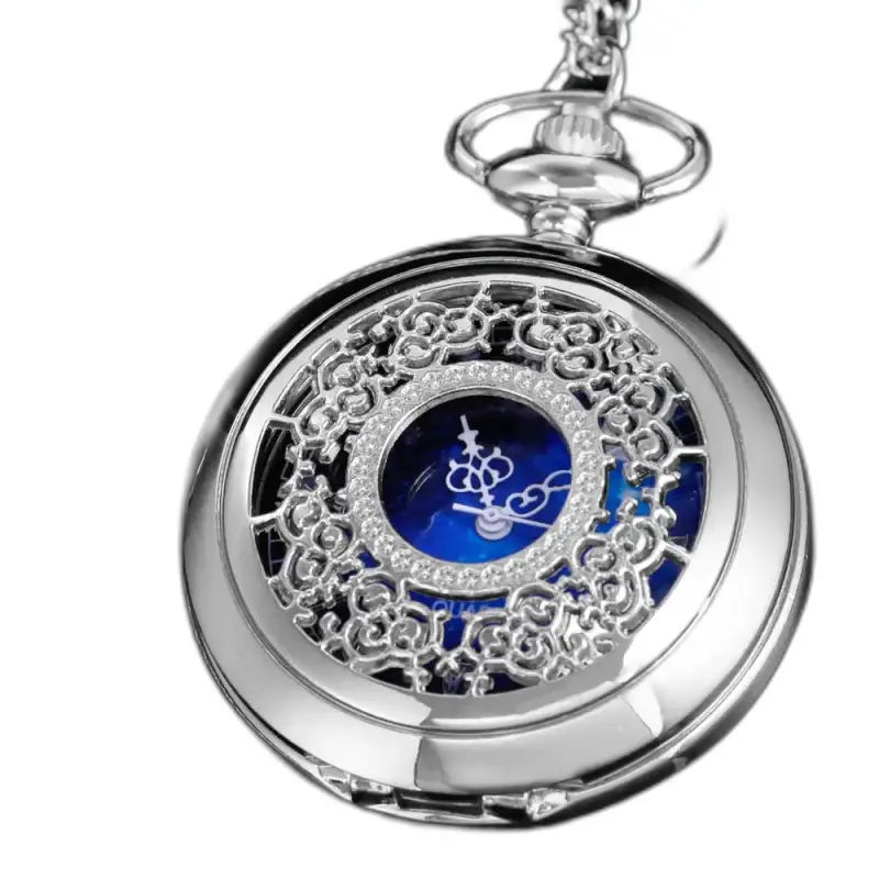 Romantisch koningsblauw zilver dames kettinghorloge met sierlijk zilveren zakhorloge