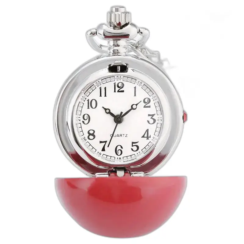 Rood en wit rond kettinghorloge met zilveren kettinghorloge en rode doos