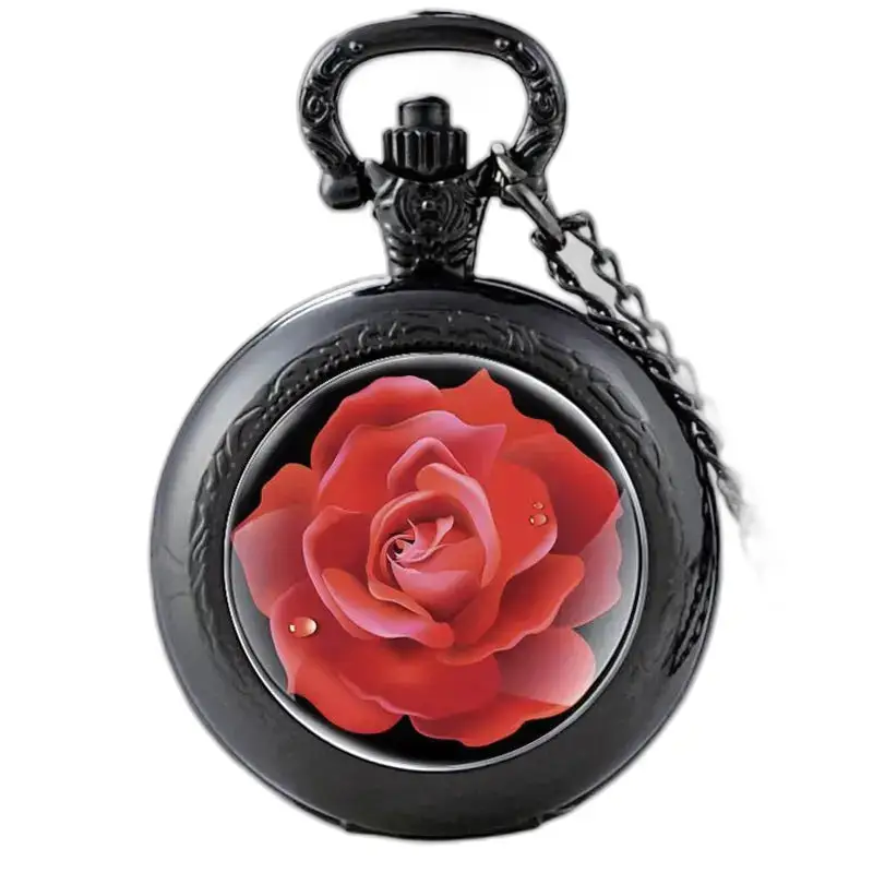 Vintage Red Rose kettinghorloge met zwart en rood Rose zakhorloge