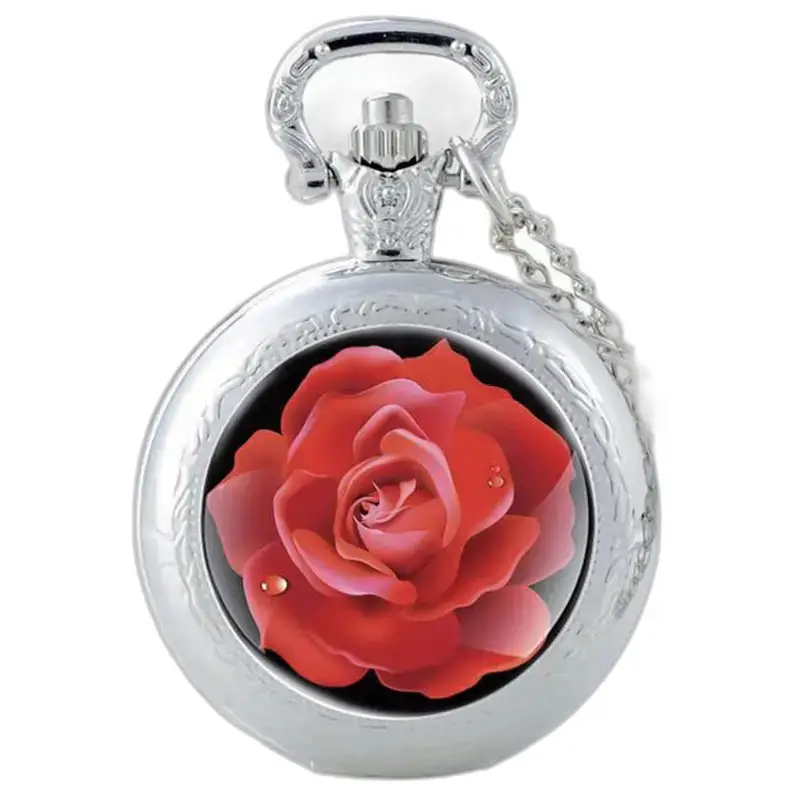 Vintage rood roos kettinghorloge met een rode roos en een zilveren horloge