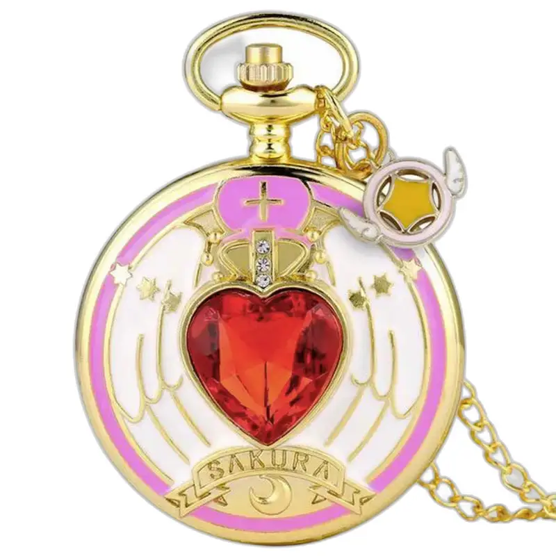 Vintage Sakura kettinghorloge met gouden horloge, roze accenten en gevleugelde sterbedel