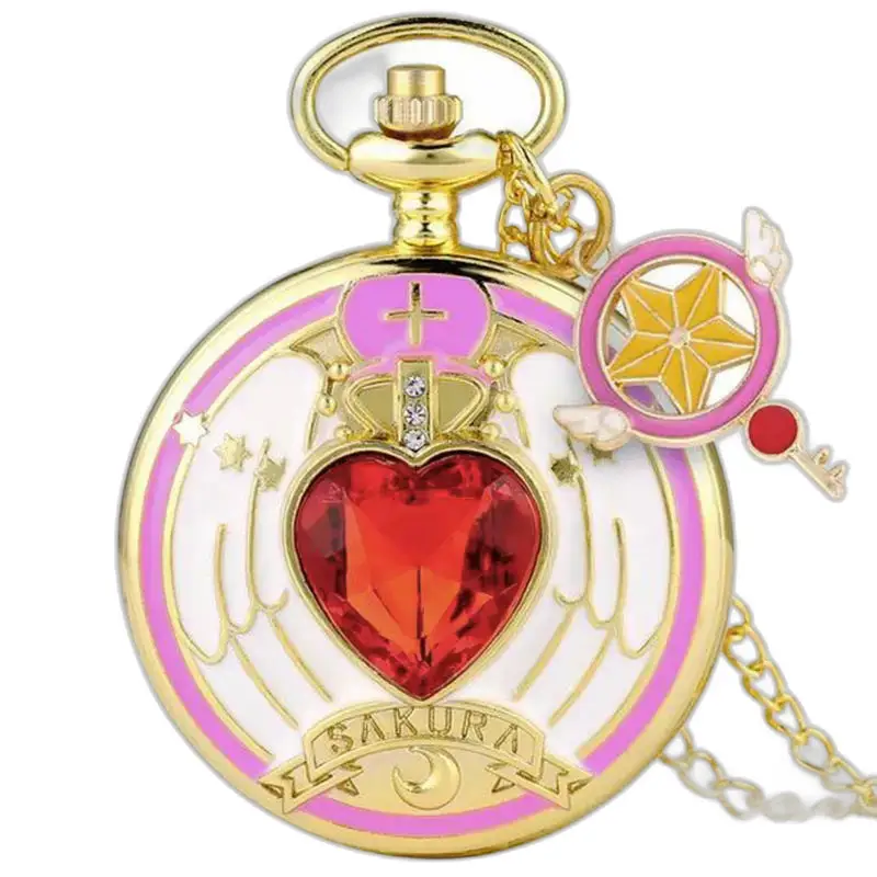 Vintage Sakura kettinghorloge in goud met hart- en magische stokbedels