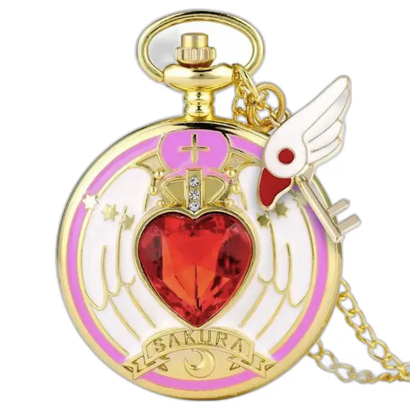 Vintage Sakura kettinghorloge met gouden horloge en rode hartvormige edelsteen