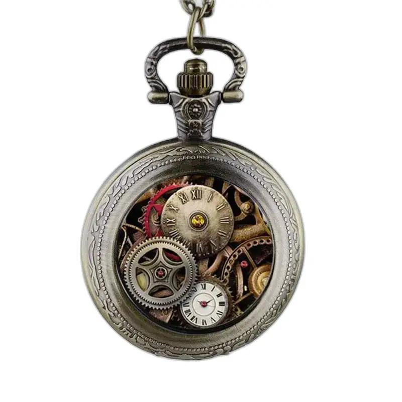 Vintage zilveren steampunk kettinghorloge met zichtbare versnellingen en retrostijl