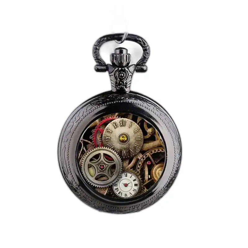 Vintage zilveren Steampunk kettinghorloge met een zwart Steampunk zakhorloge
