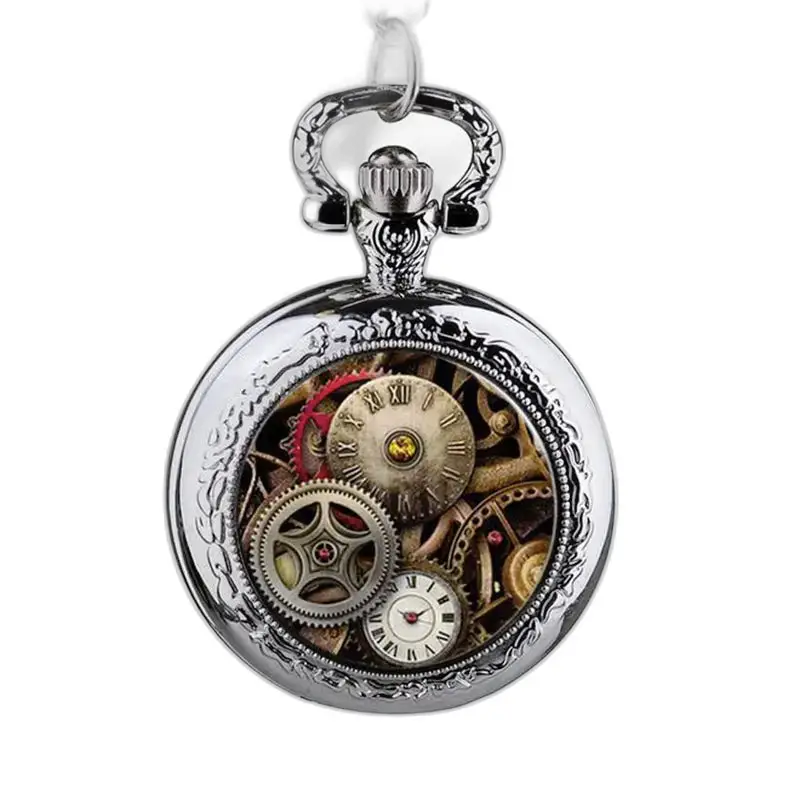 Vintage zilveren steampunk kettinghorloge met een zilveren mechanisch zakhorloge