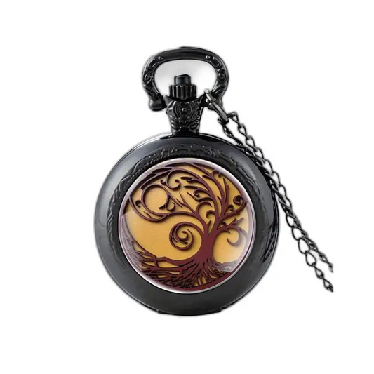 Vintage Tree of Life kettinghorloge met boomontwerp op zwarte achtergrond