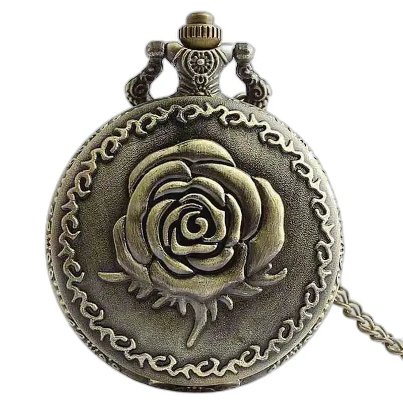 Vintage bronzen rozenbloemkettinghorloge met rozenontwerp op bronzen achtergrond