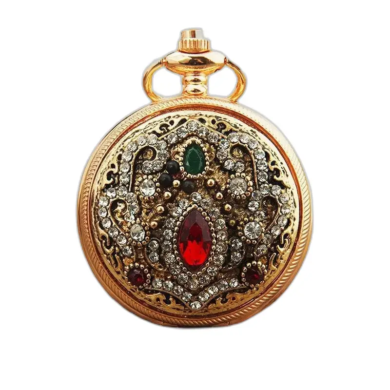 Vintage Chic Kettinghorloge met gouden slinger en edelstenen
