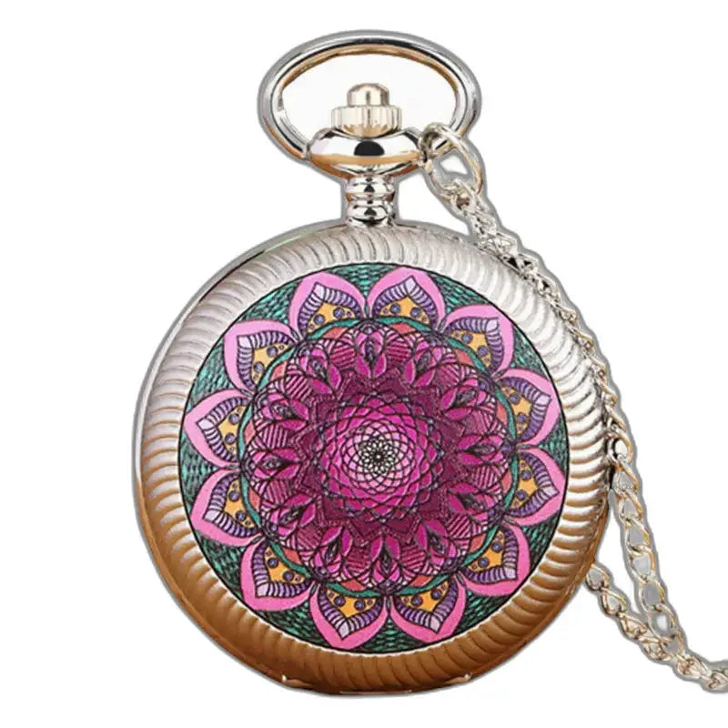 Bloemenkettinghorloge met mandala-ontwerp en analoog display in zilver