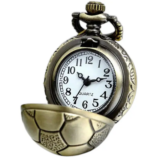 Vintage bronzen voetbalkettinghorloge met voetbalvormig zakhorloge