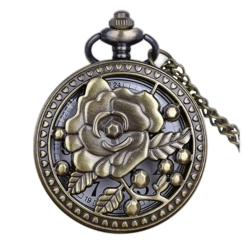 Vintage Rose Flower bronzen kettinghorloge met een bronzen roos