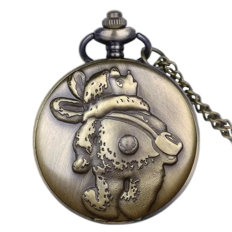 Vintage teddy kettinghorloge Hunter bronzen kast met beerontwerp in reliëf