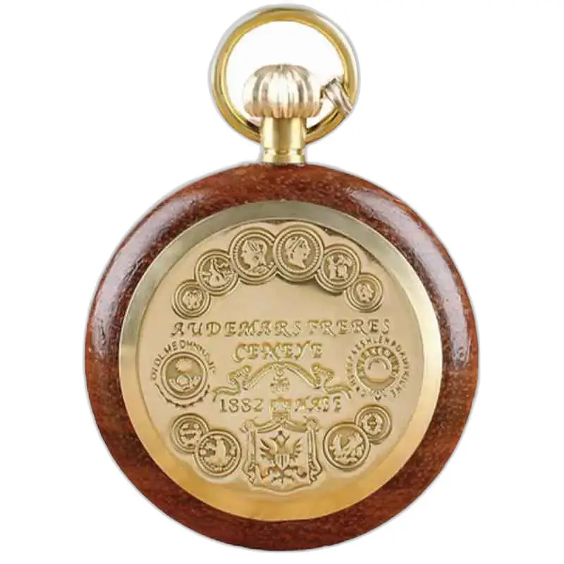 Bubinga houten kruisje zakhorloge met quartz uurwerk en gouden afwerking